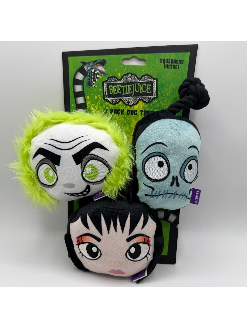 Beetlejuice Lydia Deetz Shrunken Head Guy 3 Pack Plush Squeaky Dog Toy Halloween